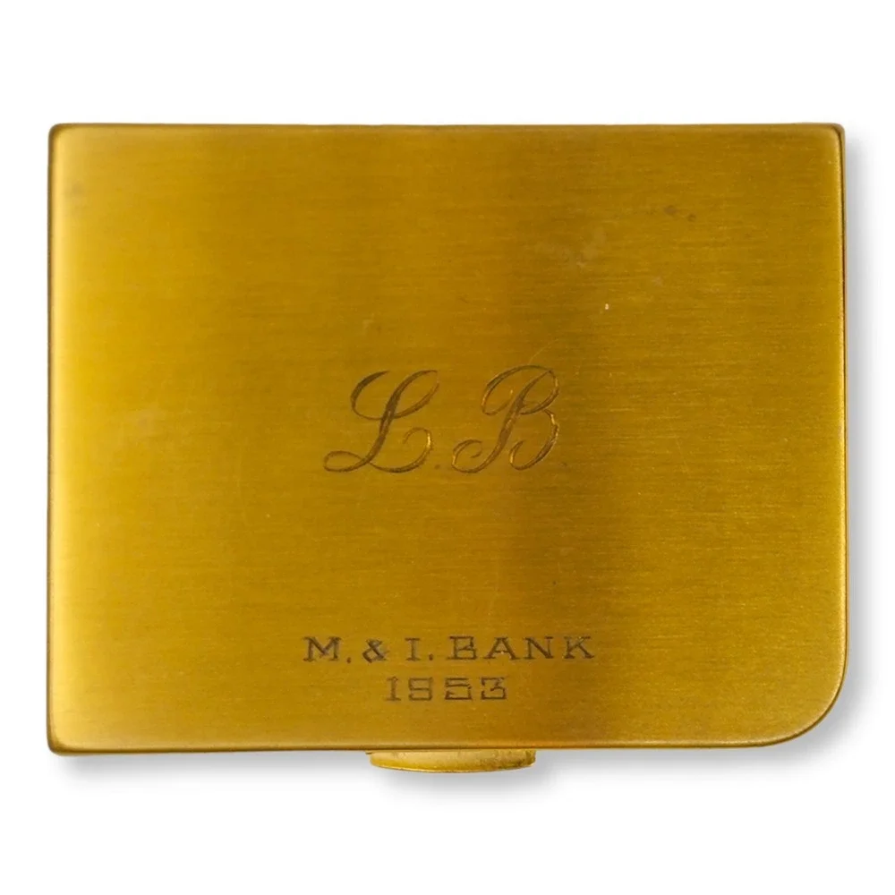 Vintage Elgin American Gold Tone Compact Fleur De Lis Pattern 1953 M&I Bank L.B.